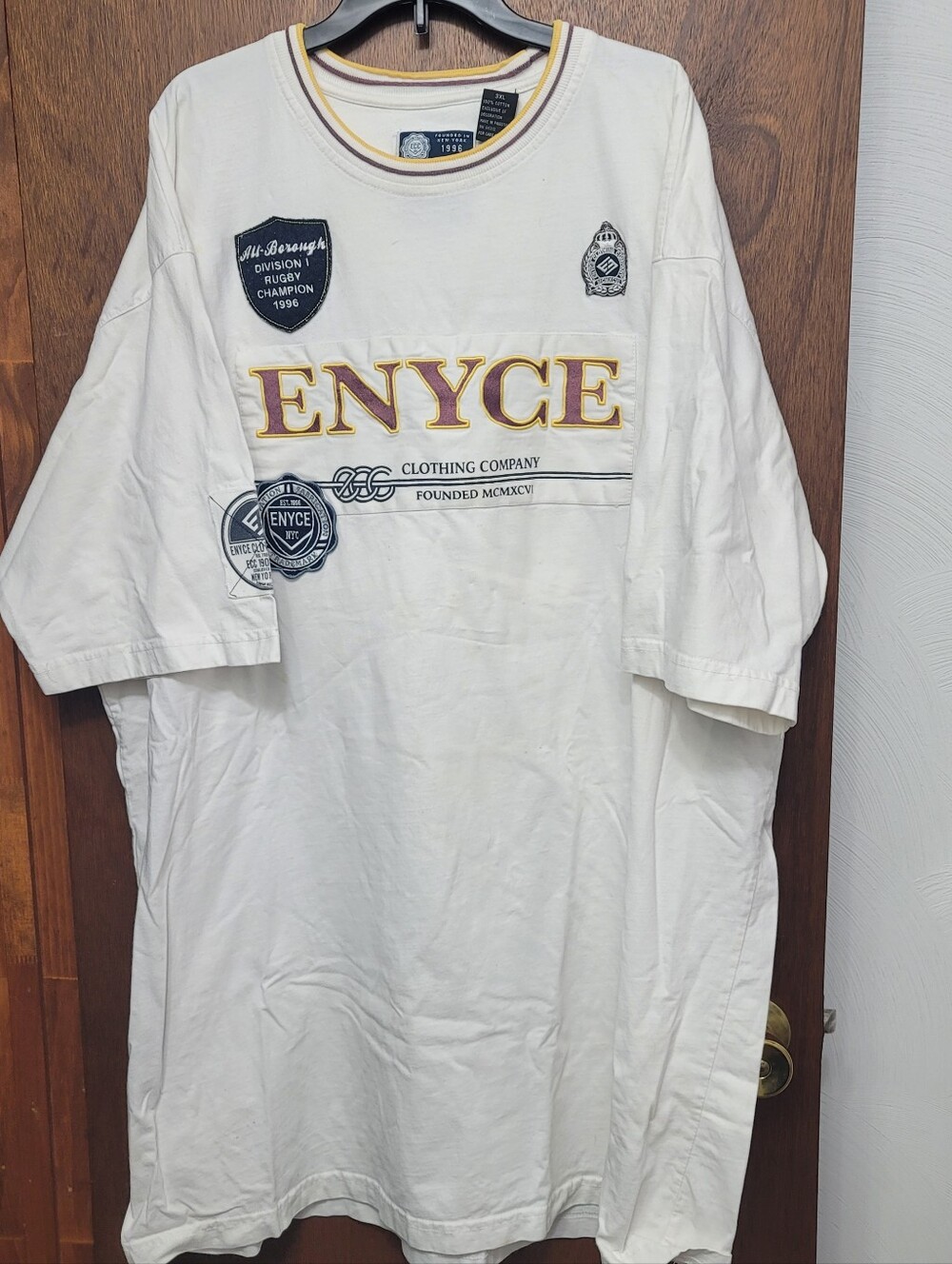 Y2K Deadstock 1990's ENYCE Men's White Logo Short Sleeve Shirt. Size 3XL